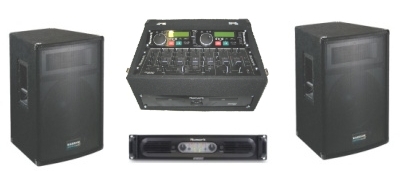 A Double CD player and mixer with 2 speakers and amplifier