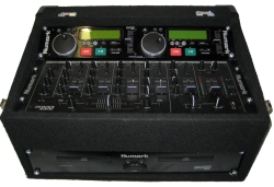 A Numark MP302 double CD player with a Numark CM200 mixer in a rugged flight case