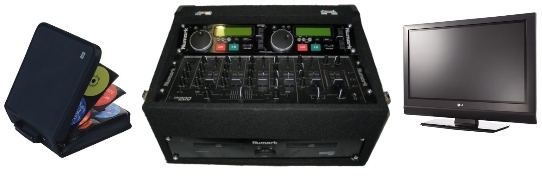 A double Karaoke CD player with mixer in a rugged flight case, also includes karaoke CDs and a display.