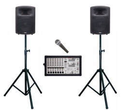 A PA Amplifier with 2 Speakers and Stands with one Microphone